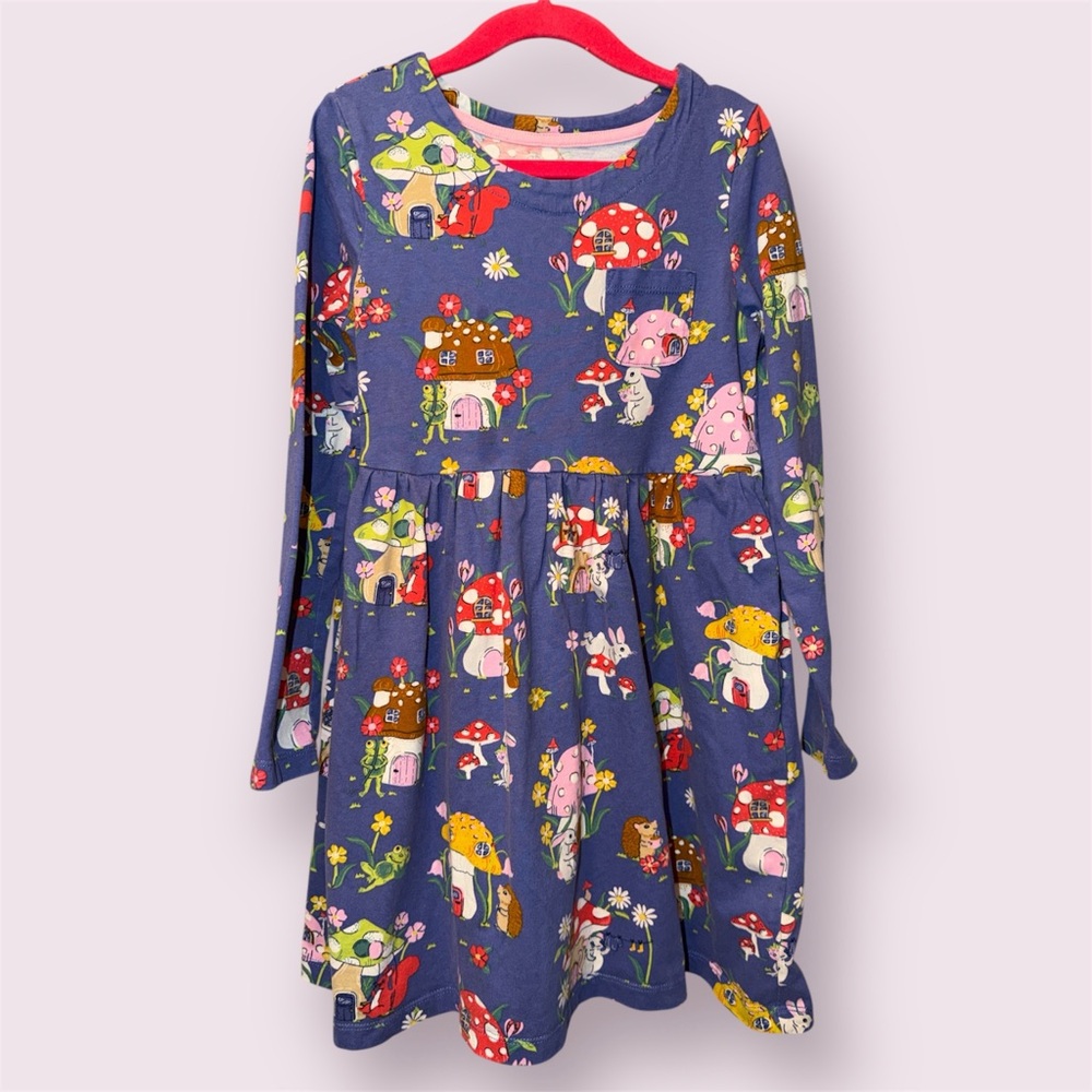 Mini Boden Toadstool Print Long-sleeve Cotton dress | size 7-8 - Picture 5 of 12